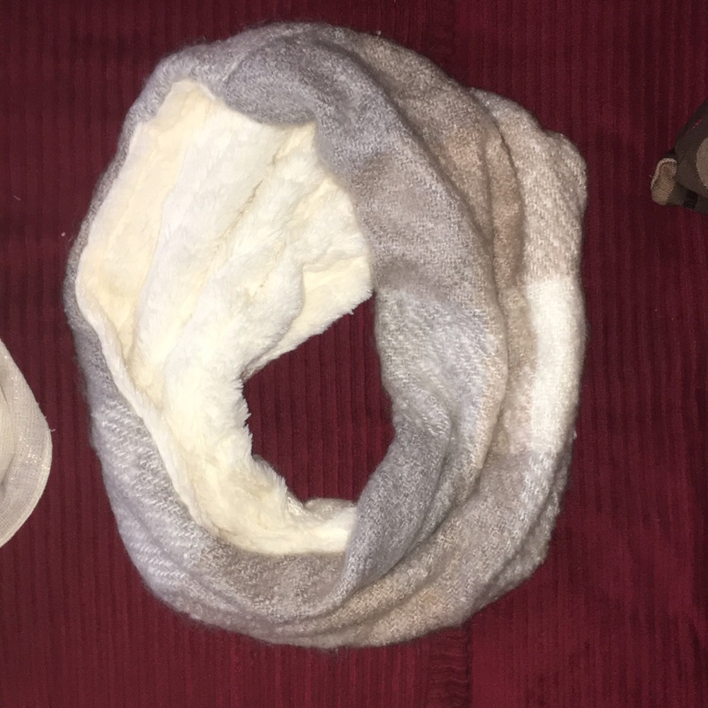 Grey, Tan, Cream colored infinity scarf with fur.